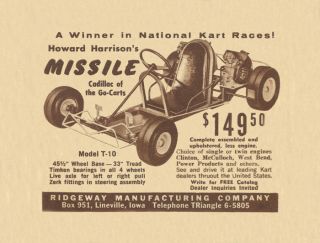 Vintage & Very Rare 1960 Ridgeway Missle Model T 10 Go Kart Ad