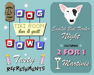5x7 Print English Bull Terrier Dog Bowl Bowling Martini Tiki Cute Pop 