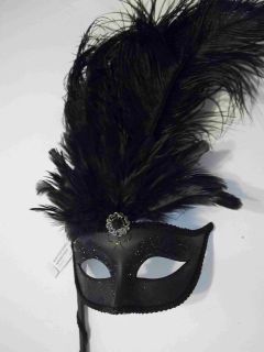Black Jewel Stick Venetian Masquerade Mardi Gras Feather Mask