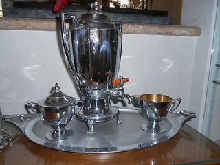 Royal Rochester Chrome Coffee Set Bakelite/Hld Urn, tray, sugar 