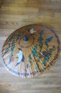   Vintage Japanese Style Paper Parasol with Bamboo Handle and Ribs