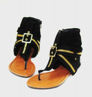 New Women Velvet Zipper Strips Gladiator Thong Flat Sandal Shoes Size