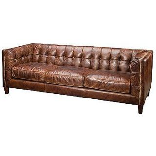 84 Long Fine Sofa Cigar brown top grain leather tufted back modern 