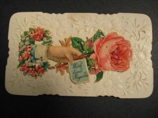 Vintage/Antiqu​e Calling Card~Die Cut~Embossed~H​and Holding Rose 