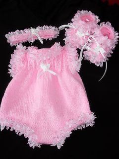 Hand Knitted Matinee / Romper Set Newborn / 16 Reborn (Pink)