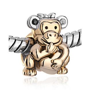 PUGSTER GOLED MONKEY HOLDING HEART BOWKNOT TWO TONE CHARM BEAD FOR A03