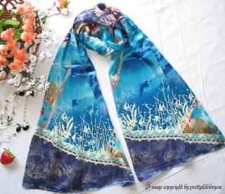oblong art 100 % silk scarf oil painting blue seaworld