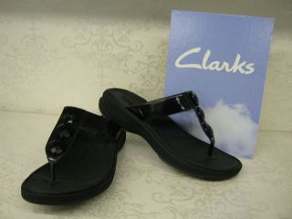 Clarks Walk Dazzle Black Patent Leather Slip On Toe Post Mule Sandals