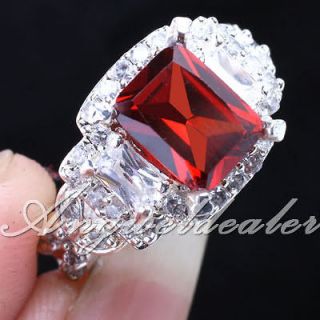eLuna Rectangle Stone Red Garnet Silver Ring Size 8 Womens Fashion