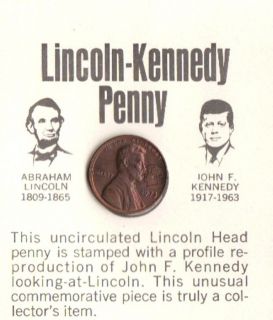 1973 Penny LINCOLN   KENNEDY Coincidence Commemorative Penny on Card
