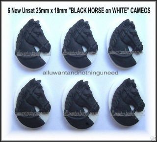 New Unset EQUINE BLACK HORSE on WHITE 25mm x 18mm Costume Jewelry 
