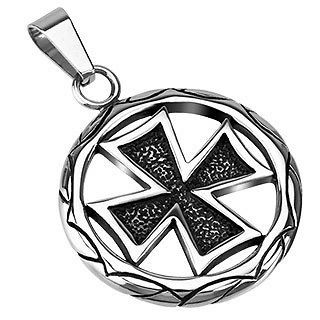 Stainless Steel Round Maltese or Celtic Cross Pendant w/ Necklace