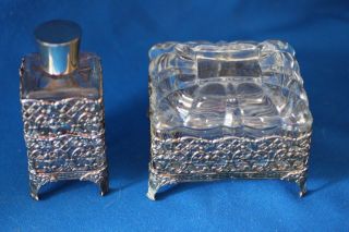   MILLER GLASS GOLD GILT FILIGREE ORMOLU VANITY BOX & PERFUME JAR SET