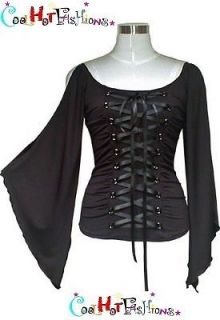 Black Gothic Gypsy Corset Stetch Renaissance Bell Flare Sleeve Top 