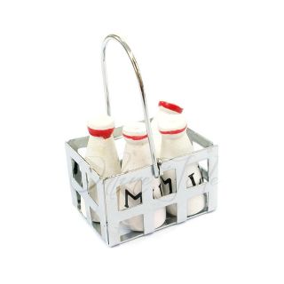 Dollhouse Miniature 4 Bottles of Milk in Metal Silver Basket