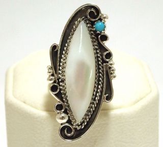 Navajo Mother of Pearl & Turquoise Sterling Silver Womens Ring 