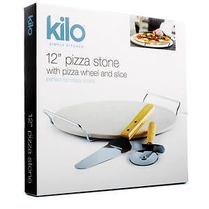   BAKING CERAMIC 12 PIZZA STONE WITH CHROME PIZZA CUTTER AND SERVER SET