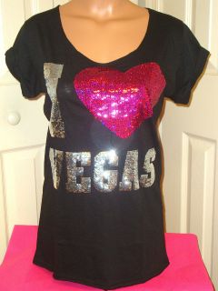 Victorias Secret I LOVE PINK Las VEGAS Bling Sequins Heart T Shirt 
