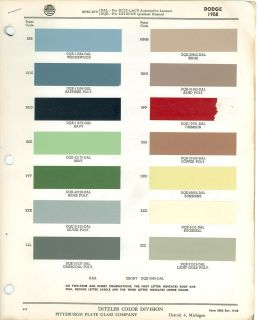 1958 Dodge PPG Paint Color Chart 58 and color change bulletin