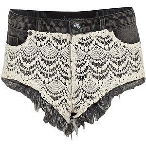 ONE TEASPOON Rocco Roller JEANS Shorts FADED Dark GREY Cream LACE 