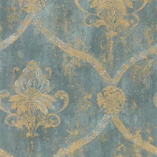 wallpaper french faux aqua blue large damask with gold time