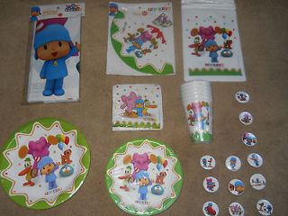 NEW POCOYO PARTY SET FOR 6 GUESTS W  PINS, HATS, PLATES,LOOT BAGS 