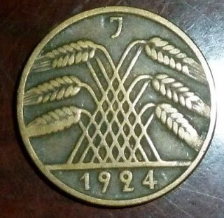 1924 J GERMAN 10 Deutsches Reich Coin Reichspfennig Weimar Hamburg