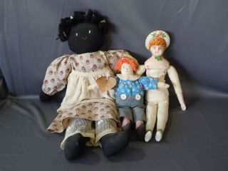   Made DOLLS Soft Body Black Girl & Raggedy Andy & Porcelain Head Lady
