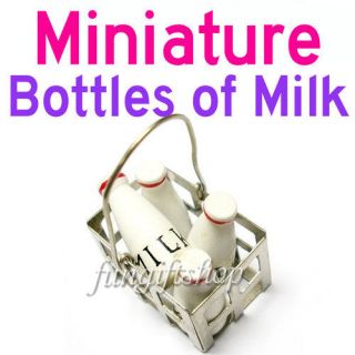 dollhouse miniature 4 bottles of milk in metal basket from