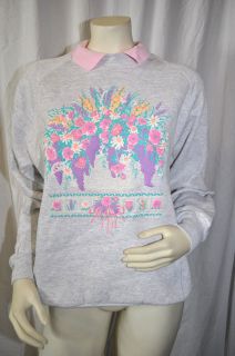 Vintage 80s Floral Pastel Sweatshirt Retro Pink Collar NOS Sz Large