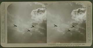squadron of giant planes off on a moon light raid   WW1 Stereoview