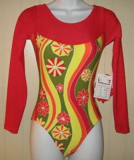 red retro flowers long sleeved gymnastics leotard expedited shipping 