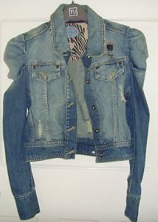 RED OR DEAD PUFF SLEEVE DENIM JACKET WITH WORN LOOK AND DIAMANTE 