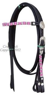 Western Horse Show Bridle/Reins Blk Leather Pink & Silver Beaded 