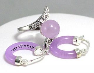   Natural Purple jade silver jewelery Ring Round hoop earrings AAA