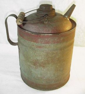 OLD GALVANIZED STEEL GAS CAN w SAVORY NAME ON LID & HAND SOLDERED 