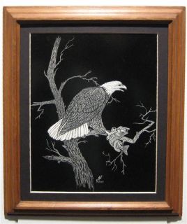 1979 vintage yates scratchboard wildlife art eagle bass time left