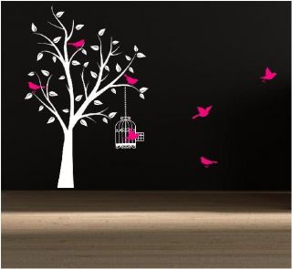 Tree With Cage Flying Birds Leaves Wall Art Sticker Decal Mural 