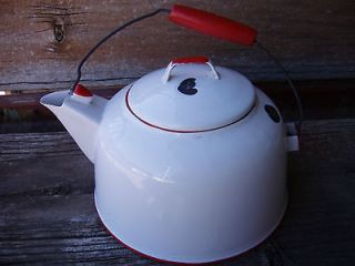 Vintage Red & White Enamelware Tea Pot Coffee Kettle Wood Handle