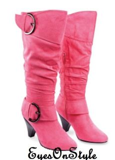 New Women Knee High Boots Slouch Mid Calf Shoes Faux Suede Flat Buckle 