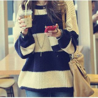 New Ladys Casual Loose Stripes Jumpers Chunky Knit Batwing Thick 