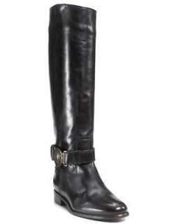 NEW BURBERRY Grainy LEATHER Flat Riding BOOT Military Metal BLACK 37.5 
