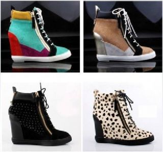 Womens High Wedge Heels Hi Top Lace Up Real Leather Ankle Boots 