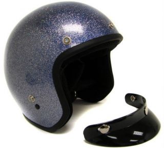 Metalflake Blue Motorcycle Open Face Helmet Cafe Racer Vintage Cruiser 