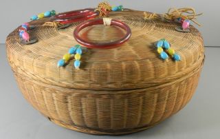Chinese Wicker Sewing Basket Glass Rings Beads Large Vintage