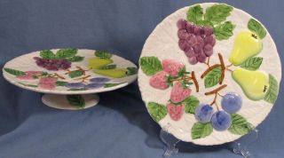 Vintage Shafford Japan Ceramic Fruits Pedestal Cake Stand and Plate 