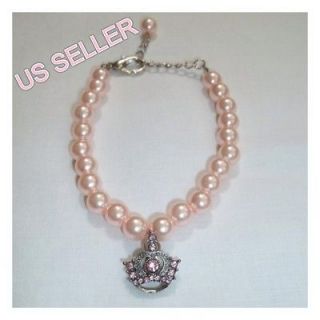 Pink Pearl Dog Cat Pet Necklace With Crown Charm Dog Collar Yorkie 