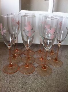 10 pink etched flowers wine champaigne glasses 