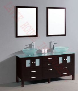 Bathroom vanity Double Frosted Glass Sinks Solid Wood Cabinet Mirrors 