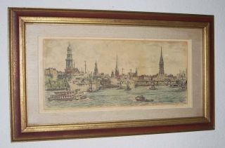 Vintage Framed Signed German Colored Etching Port of Hamburg Cityscape